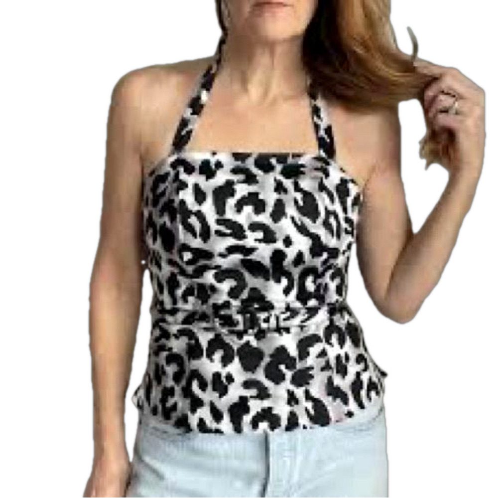 Cache Black Leopard Animal Print Belted Halter To… - image 1